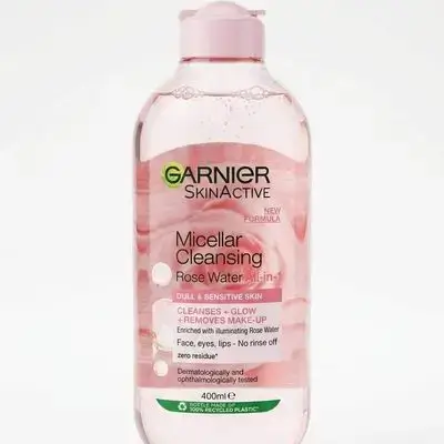 400 ml bottle of Garnier SkinActive Micellar Cleansing Rose Water All-in-1 designed for dull and sensitive skin