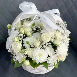 Basket Of Mixed White Flowers & Baby Roses