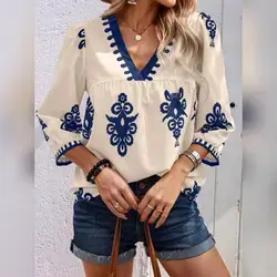 EMERY ROSE Plus Size Women Casual Floral Print V-Neck Blouse - 4XL