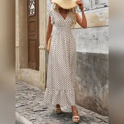 Breezaya Women's White Boho Shirred All-Over Print Long Dress- XL