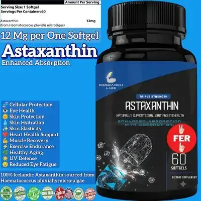 Triple Strength Natural Astaxanthin, 12mg, Organic Coconut Oil for Enhanced Absorption, Powerful Antioxidant Supports Eyes, Joint & Heart Health, inflammation, aging, Skin Rejuvenation, Astaxanthin, Icelandic Astaxanthin, 60 Softgels Astaxanthin 