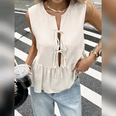 Serisse Women's Beige Summer Casual Sleeveless Shirt - Medium