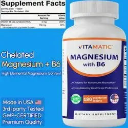 Magnesium with Vitamin B6, Chelated Magnesium, Added B6 for Maximum Absorption, Magnesium Glycinate, Supports Muscle, Joint, and Heart Health, Gluten Free, Made in USA, 180 Tablets magnesium glycinate