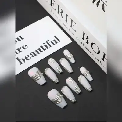 10pcs Handmade Long Coffin Boho White Faux Pearl Mussel Abstract Magic Mirror Powder Fake Nails