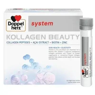 KOLLAGEN BEAUTY COLLAGEN PEPTIDES + AÇAI EXTRACT + BIOTIN + ZINC//مكمل تجميل Doppelherz System Kollagen، قارورة قابلة للشرب بجرعة واحدة، عبوة مكونة من 30 قطعة