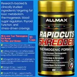 Allmax Rapidcuts Shredded: Thermogenic Fat Burner, for Men&Women, for athletes in Cutting Phases, burn fat, stress regulation, healthy blood glucose and cholesterol, sustained Energy and Focus, faster metabolism, less cravings, 90 Capsules fat burner