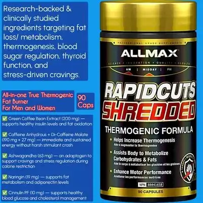 Allmax Rapidcuts Shredded: Thermogenic Fat Burner, for Men&Women, for athletes in Cutting Phases, burn fat, stress regulation, healthy blood glucose and cholesterol, sustained Energy and Focus, faster metabolism, less cravings, 90 Capsules fat burner
