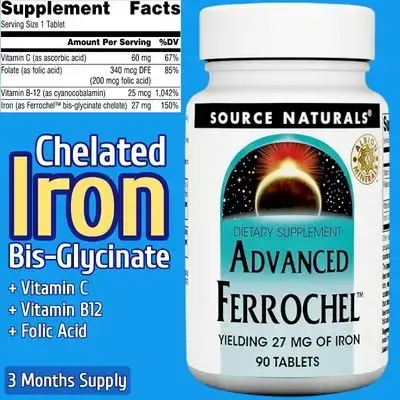 Iron Bisglycinate, Advanced Ferrochel, Bioavailable Iron, Iron 27mg, Iron Glycinate, Iron, Gentle on the Stomach and Colon, 90 Tablets Iron 