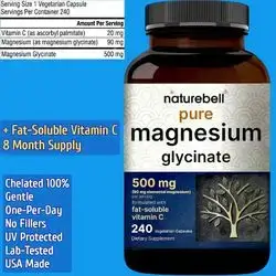 NatureBell, Magnesium Glycinate, 500mg, 100% Chelated & Purified Magnesium, for Women & Men, Magnesium Glycinate, Magnesium, 240 Capsules magnesium Glycinate