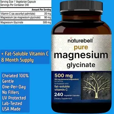 NatureBell, Magnesium Glycinate, 500mg, 100% Chelated & Purified Magnesium, for Women & Men, Magnesium Glycinate, Magnesium, 240 Capsules magnesium Glycinate