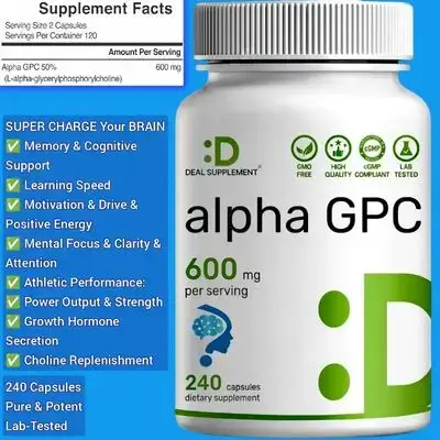 Alpha GPC, 600 mg, Alpha GPC Choline Supplement, Brain Superpower, Memory and Focus, Alertness, Positive energy, motivation, learning speed, Alzheimer’s and Dimentia, pure and Potent, alpha gpc, 240 Capsules alpha gpc