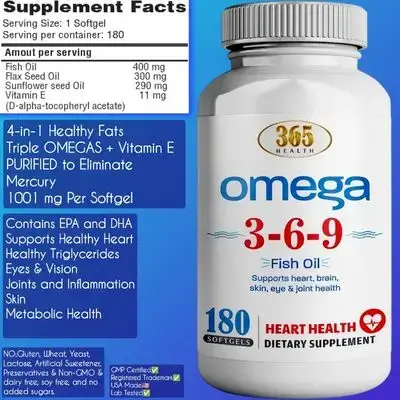 Omega 3 6 9, from Fish, Flaxseed, Borage Oils, omega3, Omega 3, fish oil, healthy eyes, brain, skin, Heart, joints, 180 Softgels omega 3 6 9