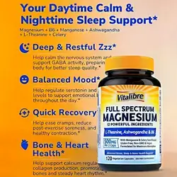 Magnesium Complex Supplement, 12-in + Ashwagandha, L-Theanine, Vitamin B6 & Celery, High Absorption Magnesium Glycinate , Citrate, Malate, magnesium glycinate, Sleep & Bone Support, 120 Caps magnesium