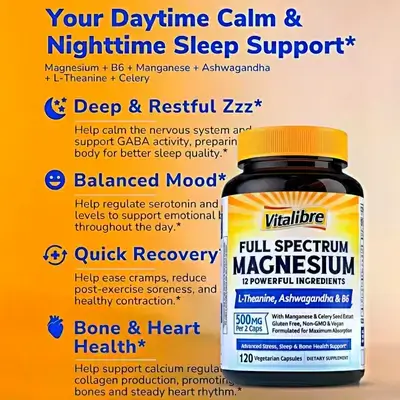 Magnesium Complex Supplement, 12-in + Ashwagandha, L-Theanine, Vitamin B6 & Celery, High Absorption Magnesium Glycinate , Citrate, Malate, magnesium glycinate, Sleep & Bone Support, 120 Caps magnesium