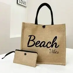 1 Set Beach Letter Holiday Bag,Women's Stylish Canvas Tote With Button Burlap Bag-Perfect For Shopping