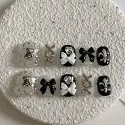 10pcs Y2K Set Of Short Teddy Bear Black And White Bow Jewelry, Handmade And Press-On Nails
