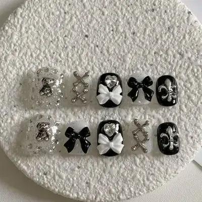 10pcs Y2K Set Of Short Teddy Bear Black And White Bow Jewelry, Handmade And Press-On Nails