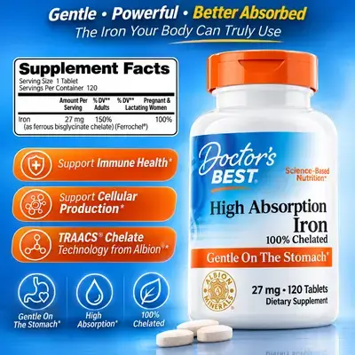 Doctor's Best, High Absorption Iron with Ferrochel, Gentle on The Stomach, Iron Glycinate, Iron Bisglycinate, 100% Chelated, Iron, Immune Health, Blood Health, 27mg, 120 Tablets iron 