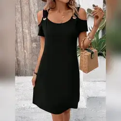 Lucivie Ladies' Plus Size Solid Color Open Shoulder Dress - XL