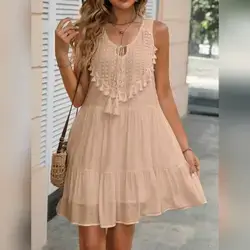 Balvessa Women's Sleeveless Fringe Hem Simple Dress- XL