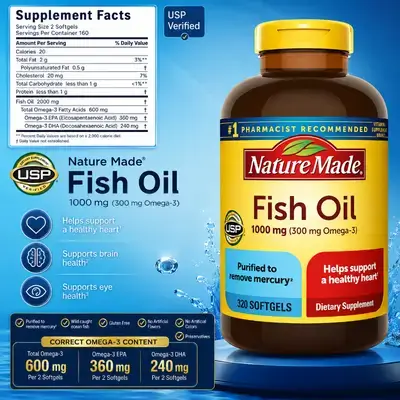 Nature Made Fish Oil Omega 3 Supplements, 1000mg Softgels, Omega 3 Fish Oil for Healthy Heart Support, 320 Softgels omega3 