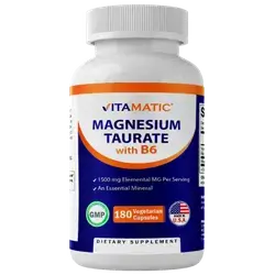 Vitamatic Magnesium Taurate 1500mg per Serving - 180 Vegetarian Capsules (Provides 300 mg of Elemental Magnesium) - Added B6 for Maximum Absorption - Supports Muscle, Joint, and Heart Health