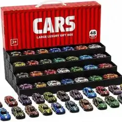 48 Piece Die-Cast Pull Back Racing Cars Set with Parking Track, Bright Colours, for Kids Ages 3+