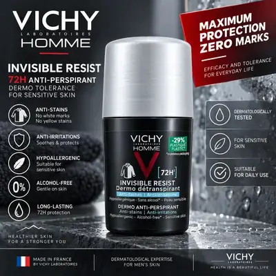 Vichy Homme Extreme Anti-Perspirant 72HR, Roll-On Deodrant for Men, 50ml