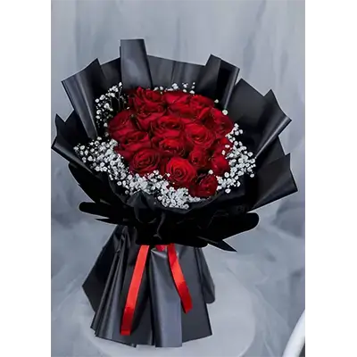 Bouquet Of Red Damask Flowers With Accessories, 25 Flowers