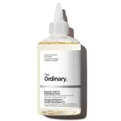 The Ordinary Glycolic Acid 7% Exfoliating Toner, a water-based product formulated with 7% glycolic acid, an alpha-hydroxy acid (AHA). This toner is designed to exfoliate the skin by removing dead skin cells, which helps to smooth skin texture, even out skin tone, and boost radiance. Regular use is also meant to help reduce the appearance of fine lines and wrinkles.