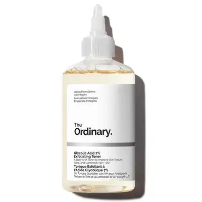 The Ordinary Glycolic Acid 7% Exfoliating Toner, a water-based product formulated with 7% glycolic acid, an alpha-hydroxy acid (AHA). This toner is designed to exfoliate the skin by removing dead skin cells, which helps to smooth skin texture, even out skin tone, and boost radiance. Regular use is also meant to help reduce the appearance of fine lines and wrinkles.