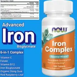 NOW Foods Supplements, Iron Complex, Non-Constipating, Essential Mineral, iron Bisglycinate, ferrochel, ferrous Bisglycinate, with Vitamin C & Folate & B12, 100 Tablets iron