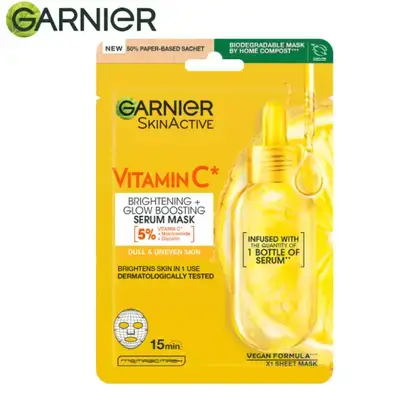 Garnier SkinActive Vitamin C* Brightening + Glow Boosting Serum Sheet Mask for Dull & Uneven Skin 28 g