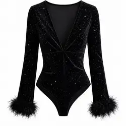 SHEIN Elegant black velvet Glitter bodysuit - XL