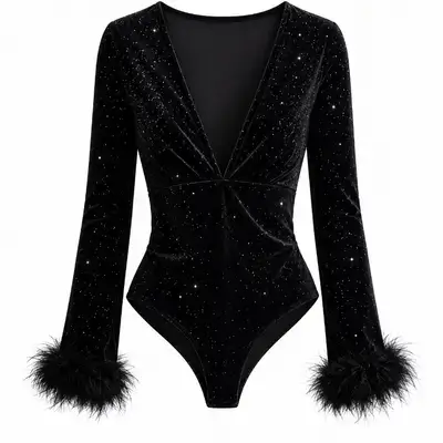 SHEIN Elegant black velvet Glitter bodysuit - XL