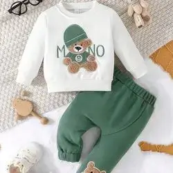 2pcs/Set Baby Boys' Cartoon Bear Print Long Sleeve Top And Solid Color Bear Pants Outfit 6-9 months