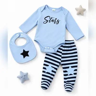 Cute and cozy baby outfit set featuring a long-sleeve “Stars” bodysuit - 6-9 Months