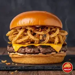 Meat Burger With Crispy Onion Rings