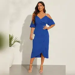 SHEIN Plus Size Elegant Cold Shoulder Wrap Midi Dress in vibrant royal blue - 3XL