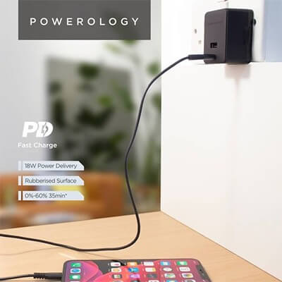 POWEROLOGY USB PORT AND ULTRA QUICK PD CHARGER 2.4/18WATT