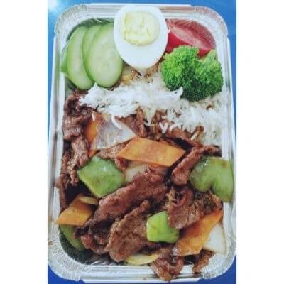 Rice Topped With Fried Beef and Oyster Sauce + 1 pepsi