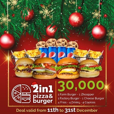 1 Farm Burger - 1 Zhoopper - 1 Factory Burger - 1 Cheese Burger - 4 Fries - 4 Drinks - 4 Cookies