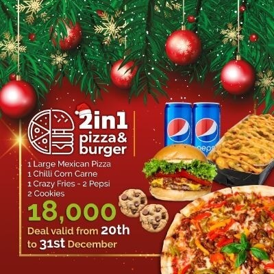 1 Large Mexican Pizza + 1 Chilli Corne Carne + Crazy Fries + 2 Pepsi + Cookies
