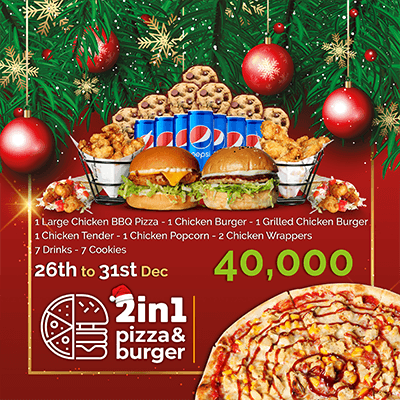 1 Large chicken BBQ Pizza + 1 Chicken Burger + 1 Grilled Chicken Burger + 1 Chicken Tender + 1 Chicken Popcorn + 2 Chicken Wrappers + 7 Drinks + 7 Cookies