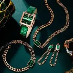 Green Quartz Necklace, Bracelet, Earrings and Watch Set