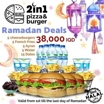 5 Cheeseburgers, 5 French Fries, 5 Ayran, 5 Water, 15 Dates