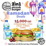 2 Cheeseburgers, 2 French fries, 2 Ayran, 2 Waters and 6 Dates