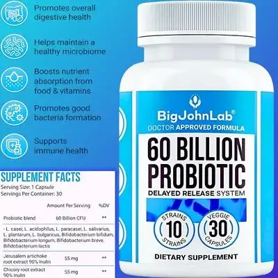 Probiotics 60 Billion CFU 10 Strains, with Prebiotics Fiber, Supports Gut Health, bloating, internal Flora, Women & Men, 30 CT probiotics