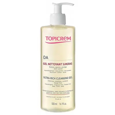Topicrem DA Ultra-Rich Cleansing Gel هو منظف للجسم خالٍ من الصابون تم تطويره خصيصًا للتخفيف من الجفاف وفرط الحساسية والجلد التأتبي.