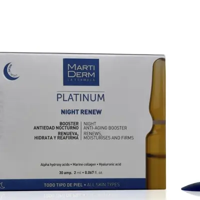 Martiderm Night Renew Platinum Ampoules Soft Peeling علاج مقشر ناعم ومضاد للشيخوخة يحتوي على 10٪ من حمض ألفا هيدروكسي يجدد نسيج البشرة ويحسن جميع علامات الشيخوخة.